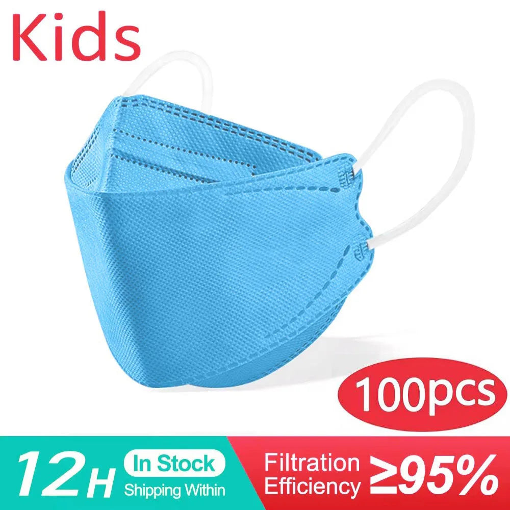 Set of white kids' KN95 masks for children ages 6-14, 4-layer dustproof FFP2 face masks for boys and girls.