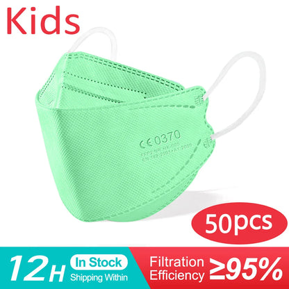 Children's white KN95 masks by BackupMyFilesNow.com, 4-layer dustproof protective face masks for kids ages 6-14, girls and boys.