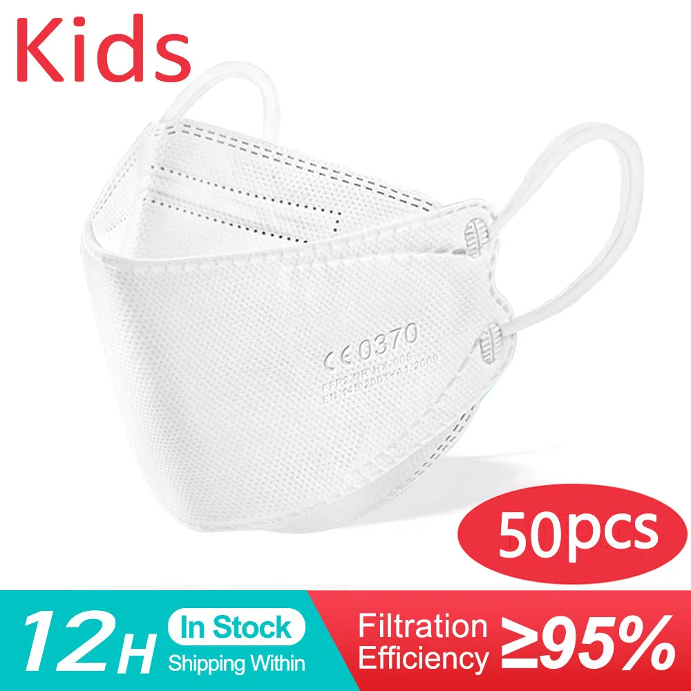 Set of 10-200 white kids' KN95 masks by BackupMyFilesNow.com, 4-layer dustproof FFP2 face masks for children ages 6-14.