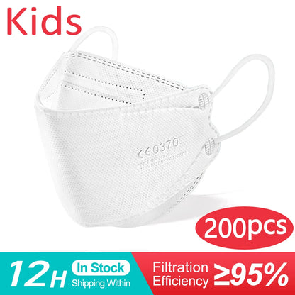 Kids KN95 masks by BackupMyFilesNow.com, white 4-layer FFP2 face masks for children aged 6-14, dustproof and protective.
