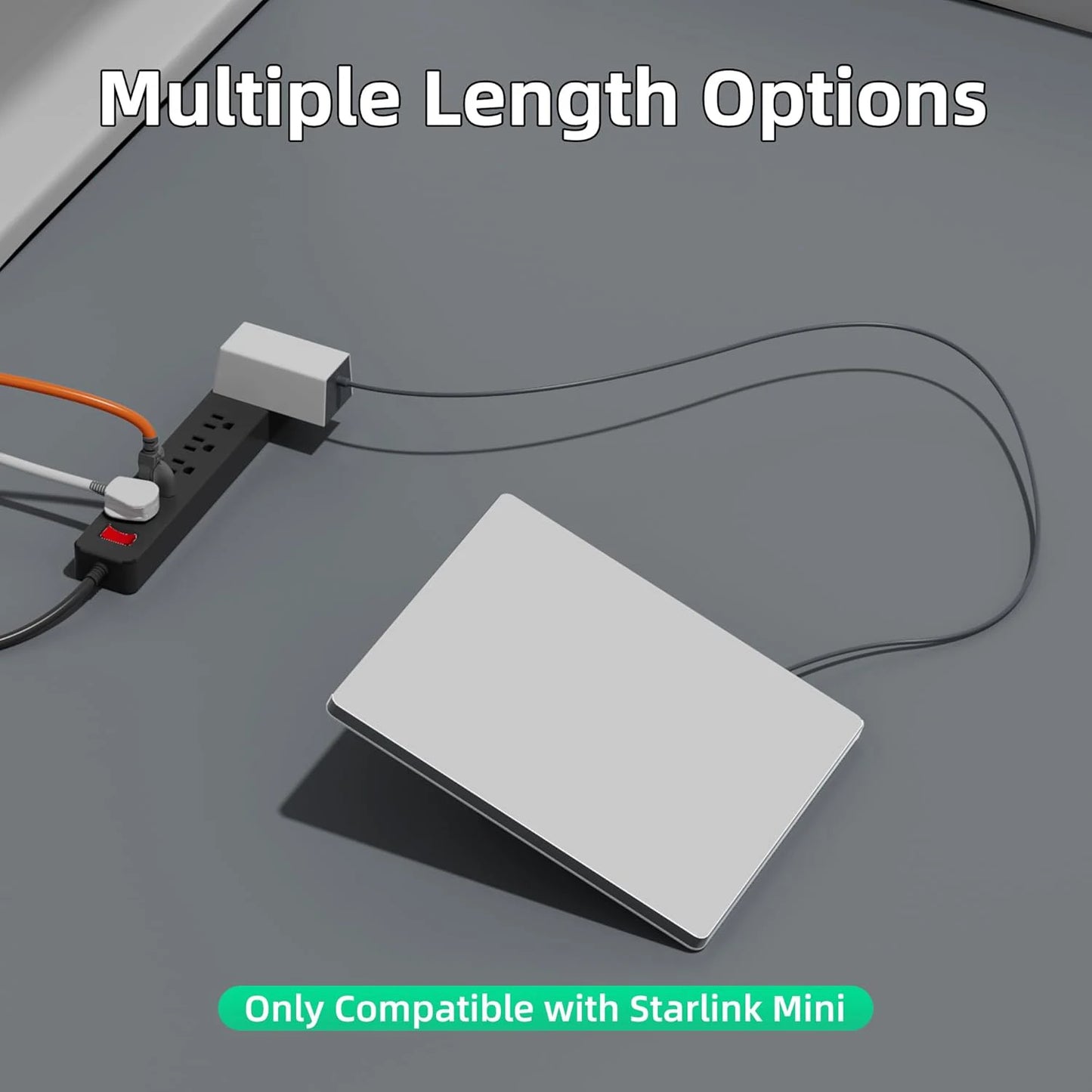 Weather-resistant Starlink Mini DC power cable by BACKUPMYFILESNOW.COM®, outdoor and indoor use, available in multiple lengths.