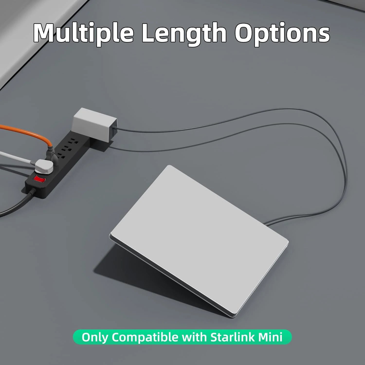 Weather-resistant Starlink Mini DC power cable by BACKUPMYFILESNOW.COM®, outdoor and indoor use, available in multiple lengths.