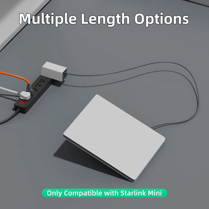 Weather-resistant Starlink Mini DC power cable by BACKUPMYFILESNOW.COM®, outdoor and indoor use, available in multiple lengths.