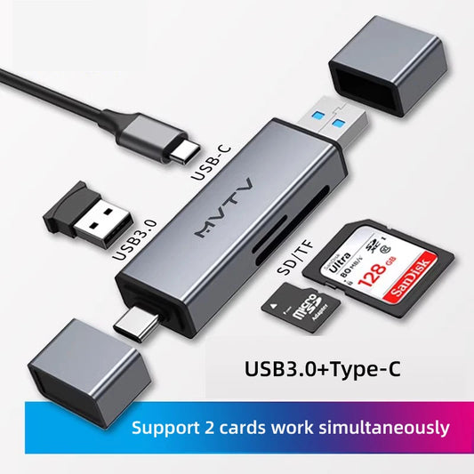 USB 3.0 and USB-C memory card reader for SD, MicroSD, and TF cards, compatible with PC and laptop accessories.
