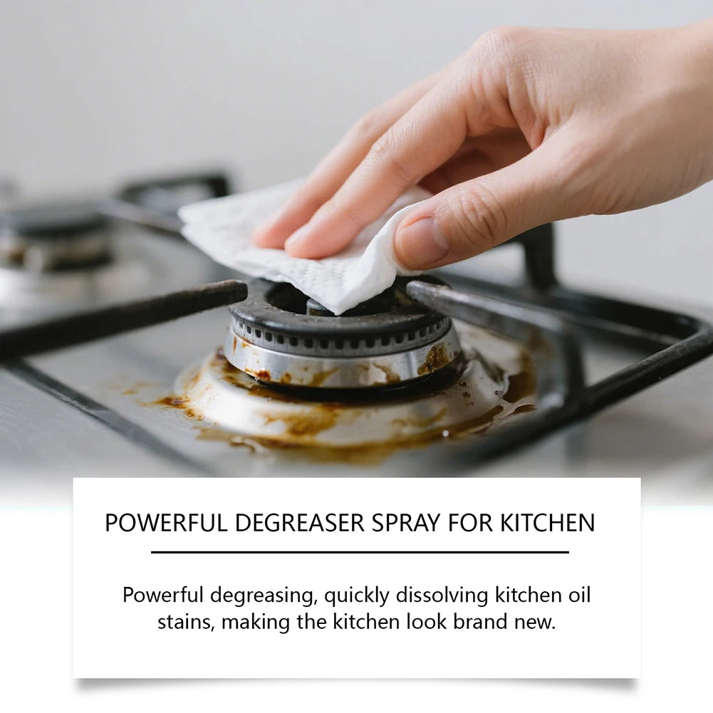 Heavy Duty Kitchen Grease Cleaner Spray by BACKUPMYFILESNOW.COM® showing a spray bottle with a sparkling kitchen background.
