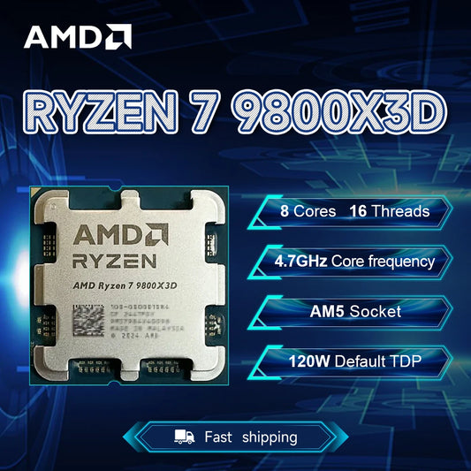 AMD Ryzen 7 9800X3D processor with 8 cores, 16 threads, 4.7GHz speed, DDR5 support, no fan included, socket AM5.