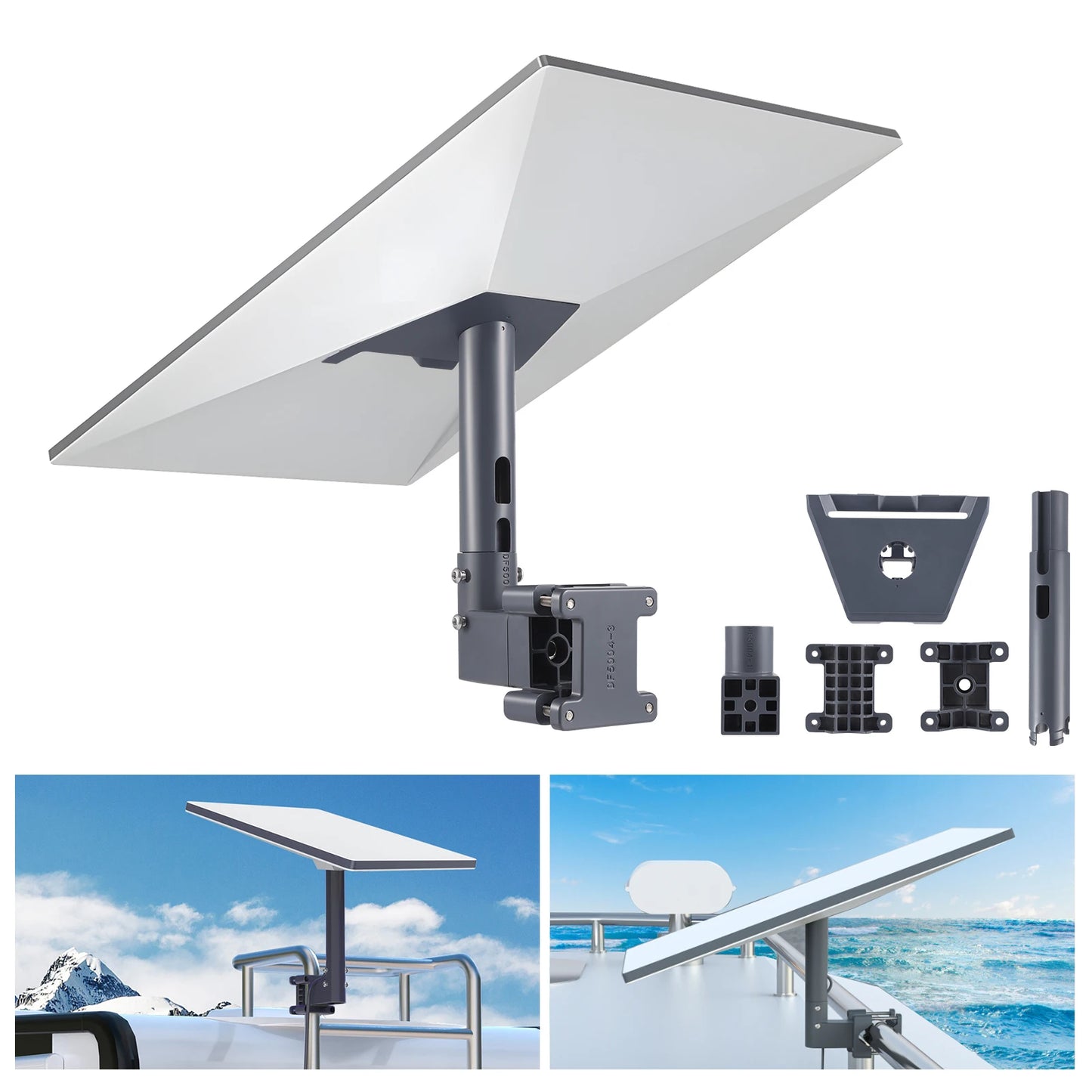 Silver Starlink Gen 3 adjustable mounting kit for roof or wall installation, compatible with V3 Starlink satellites.