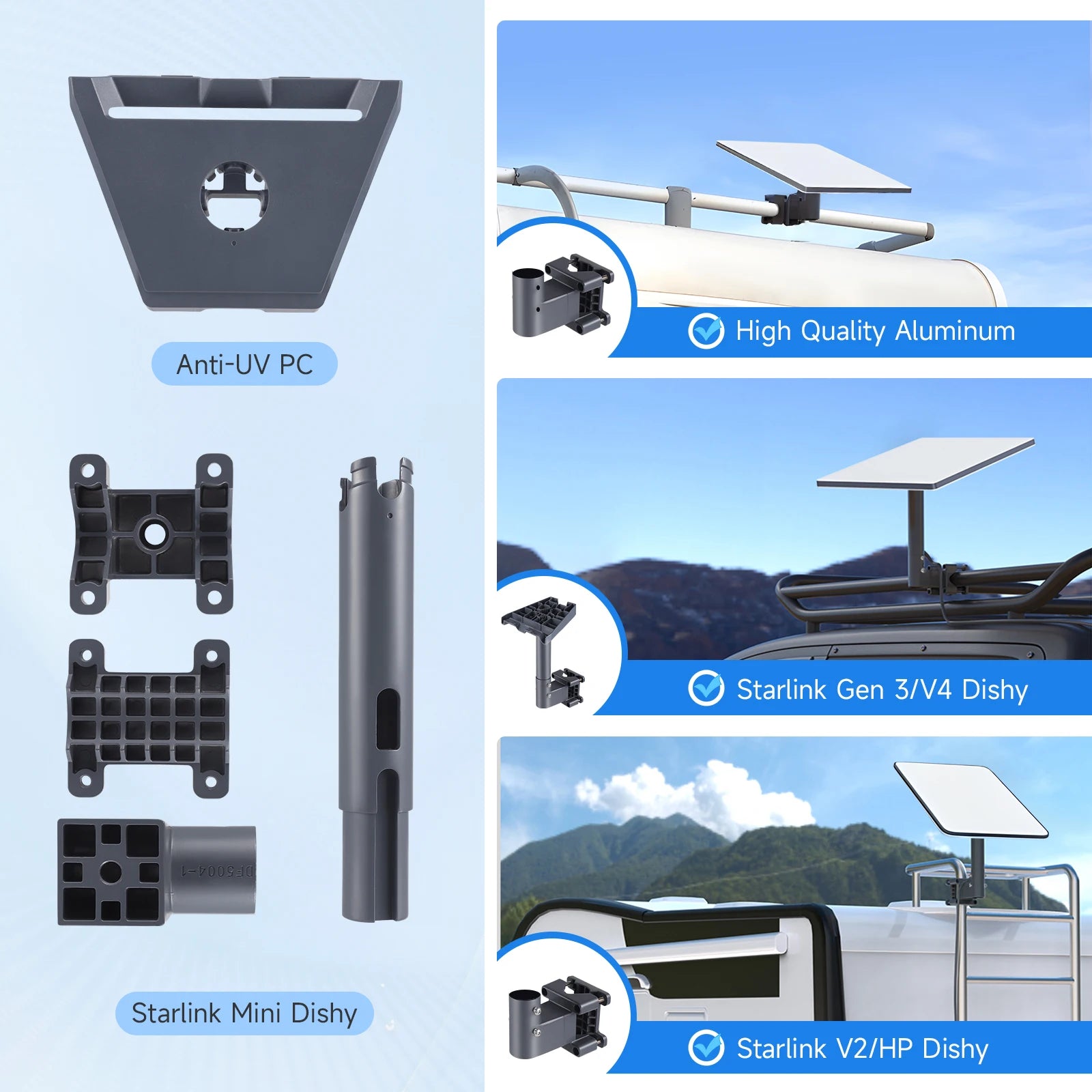 Silver Starlink Gen 3 adjustable mounting kit for roof or wall installation, compatible with V3 Starlink standard, by BACKUPMYFILESNOW.COM®