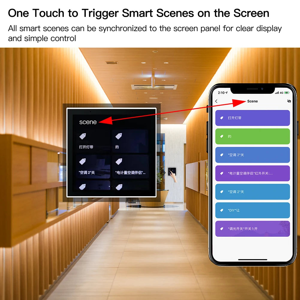 Tuya Smart Life 4-inch touch screen control panel for smart home scenes and devices with ZigBee hub integration.