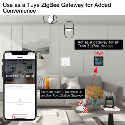 Tuya Smart Life 4-inch touch screen control panel for home automation, central hub for intelligent scenes and ZigBee device management.