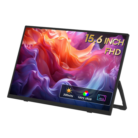 ZEUSLAP 15.6-inch FHD portable monitor with ultra-thin back stand, 100% sRGB, 300 nits brightness, suitable for gaming and laptops.