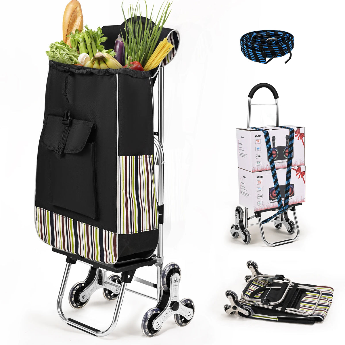 Durable stainless steel triangular wheels utility cart with foldable design for grocery shopping and transport.