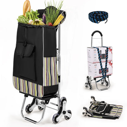 Durable stainless steel triangular wheels utility cart with foldable design for grocery shopping and transport.