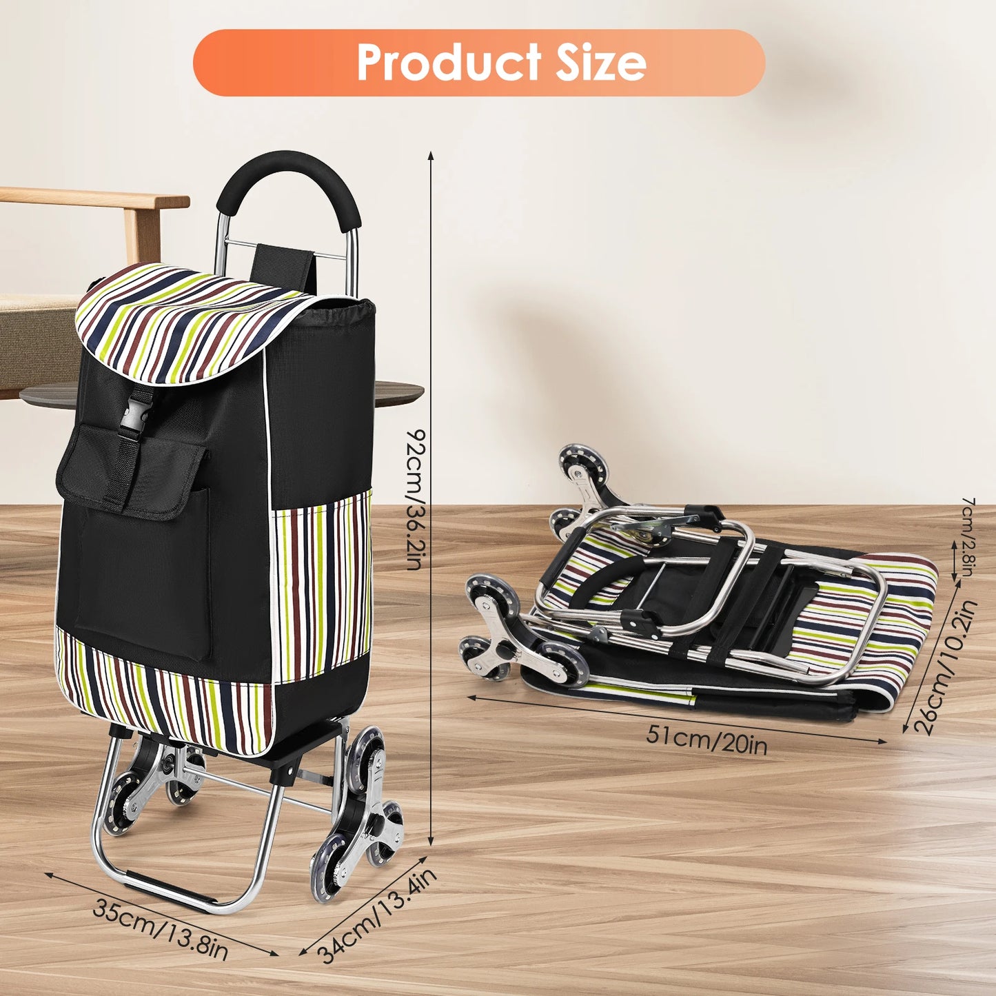 Durable stainless steel triangular wheels utility cart with foldable design and wheels for easy grocery shopping and transport.