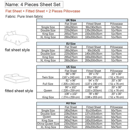 4-piece pure linen bed sheet set with flat sheet, deep pocket fitted sheet, and two pillowcases in natural flax color.