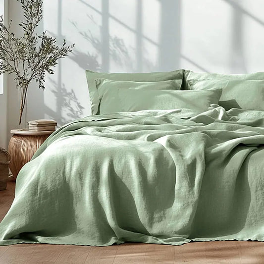 4-piece linen bed sheet set with flat sheet, deep pocket fitted sheet, and pillowcases in flax color, by BACKUPMYFILESNOW.COM®.