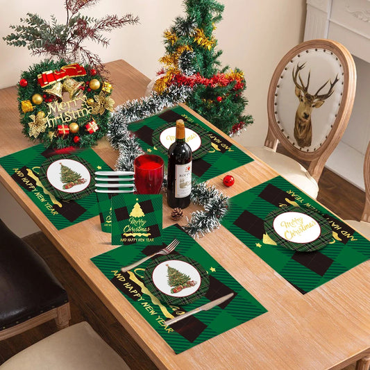 Set of Christmas-themed paper plates, cups, and napkins with USA stock and Christmas tree design in green for holiday parties.