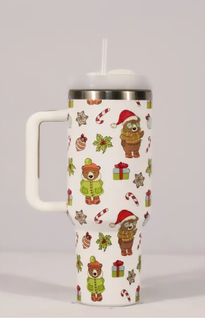 Christmas Cheer Tumbler by BACKUPMYFILESNOW.COM® with festive red and green holiday design and a clear lid, perfect for seasonal drinks.