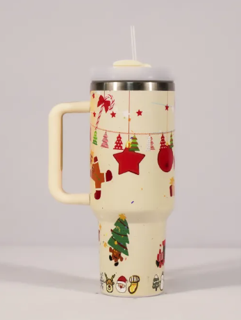 Red Christmas Cheer Tumbler by BACKUPMYFILESNOW.COM® with festive holiday design and white lid, perfect for seasonal drinks.