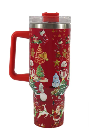 Red Christmas Cheer Tumbler by BACKUPMYFILESNOW.COM® with festive holiday design and insulated stainless steel body.