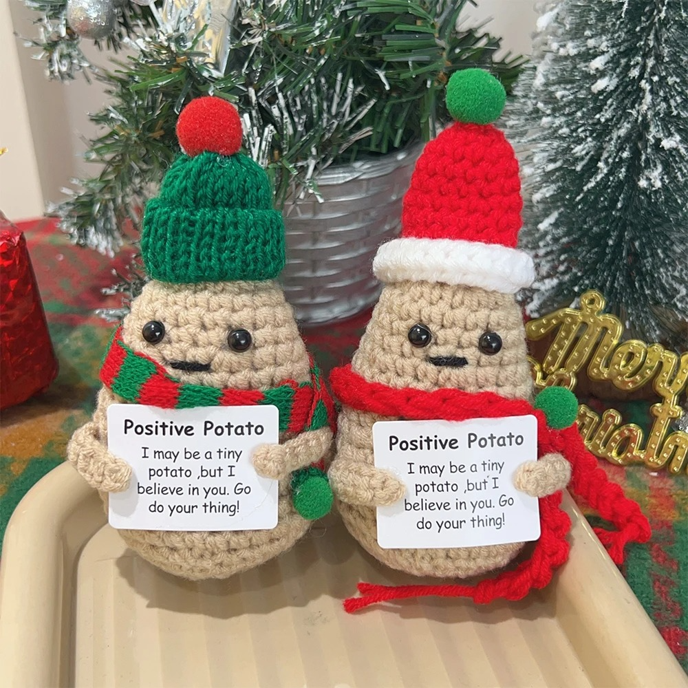 Christmas Positive Potato Doll wearing a green hat, by BACKUPMYFILESNOW.COM®, festive holiday plush toy with cheerful expression.