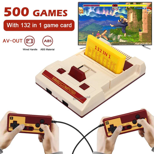 8-bit video game console with built-in 500 classic games, family computer TV game console supporting game cartridges, retro gaming.