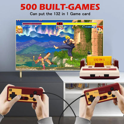 8-bit video game console with built-in 500 classic family computer games and support for game cartridges, retro gaming device.