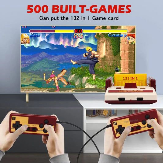 8-bit video game console with built-in 500 classic family computer games and support for game cartridges, retro gaming device.