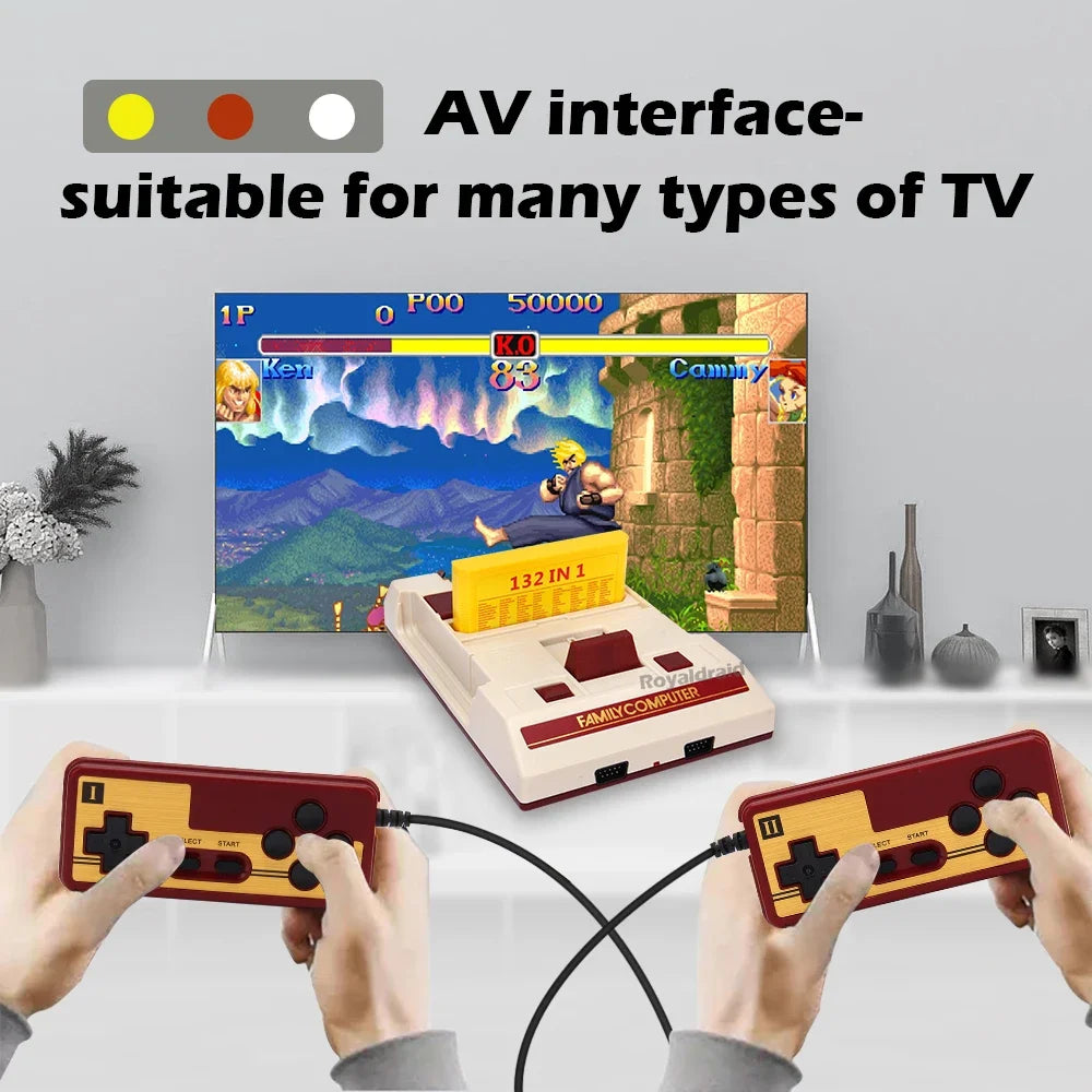 8-bit retro video game console with built-in 500 classic games, supports game cartridges, designed for family computer and TV gaming.