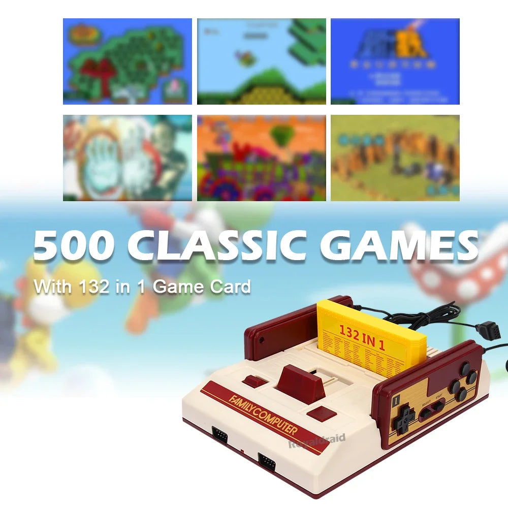 8-bit video game console with built-in 500 classic games, supports game cartridges, designed for retro gaming on TV.