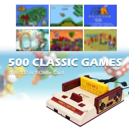 8-bit video game console with built-in 500 classic games, supports game cartridges, designed for retro gaming on TV.