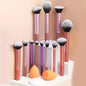 12-piece classic full makeup brush set with angled and teardrop blenders, includes powder puff, professional nylon application tools.