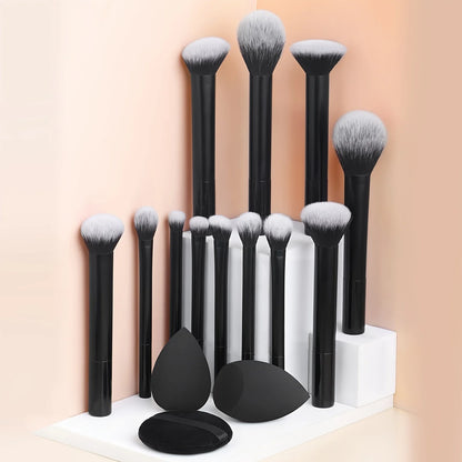 12-piece BackupMyFilesNow.com makeup brush set with angled, teardrop blenders and powder puff for professional cosmetics application.