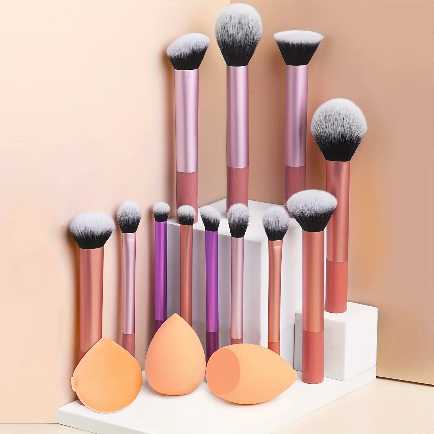 12-piece BackupMyFilesNow.com classic makeup brush set with angled and teardrop blenders, powder puff, professional nylon application tools.