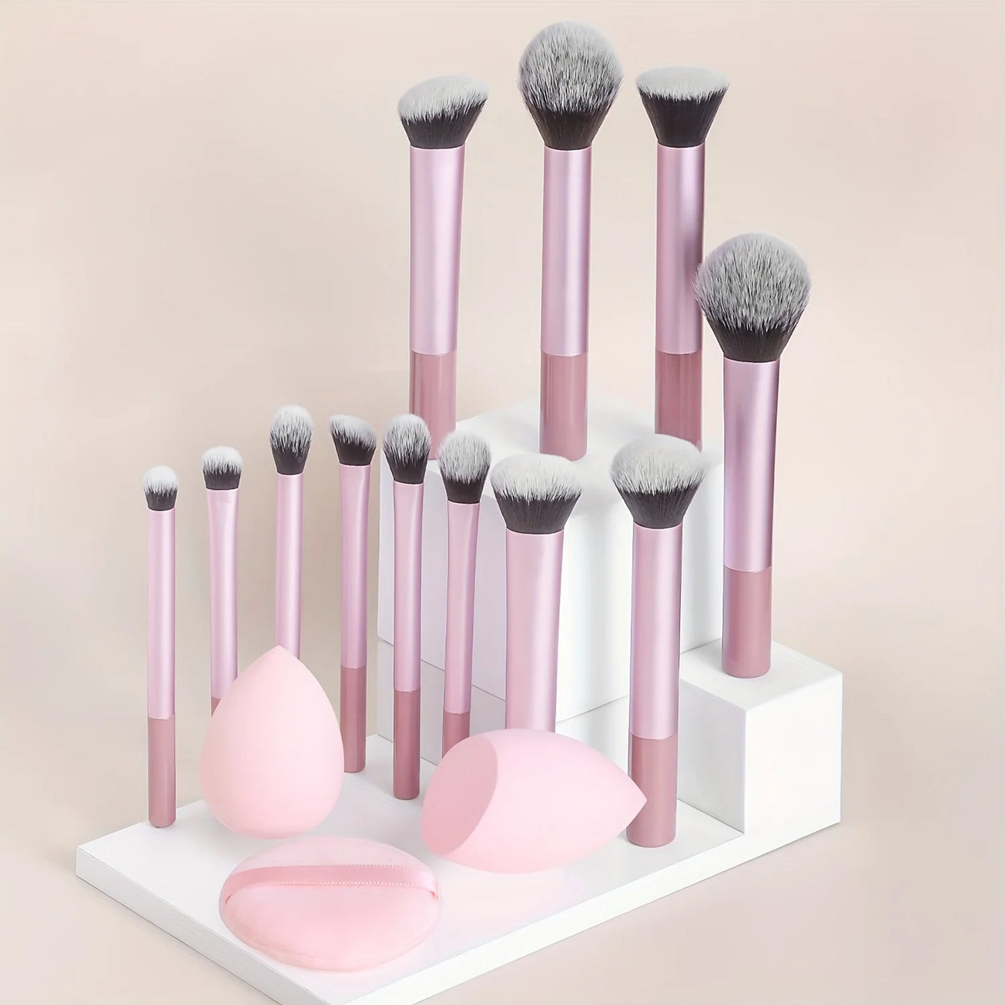 12-piece BackupMyFilesNow.com full makeup brush set with angled and teardrop blenders, includes powder puff and nylon brushes.