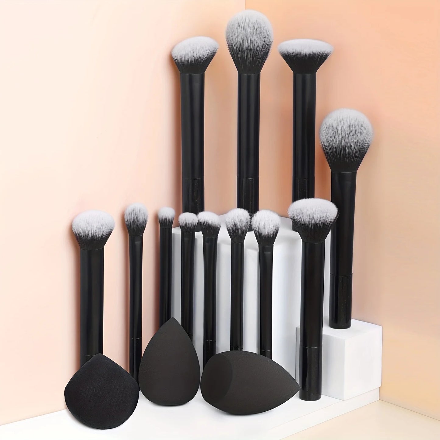 12-piece BackupMyFilesNow.com classic full makeup brush set with angled, teardrop blenders and powder puff for professional application.