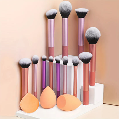 12-piece BackupMyFilesNow.com full makeup brush set with angled, teardrop blenders and powder puff, professional nylon application tools.