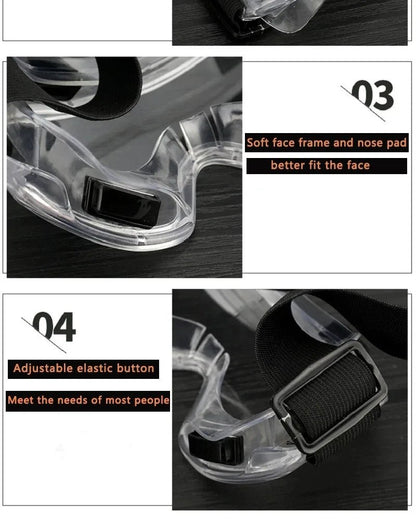 Clear safety antifog protective goggles by BACKUPMYFILESNOW.COM® with anti-splash, wind-proof lenses for industrial, lab, and cycling use.