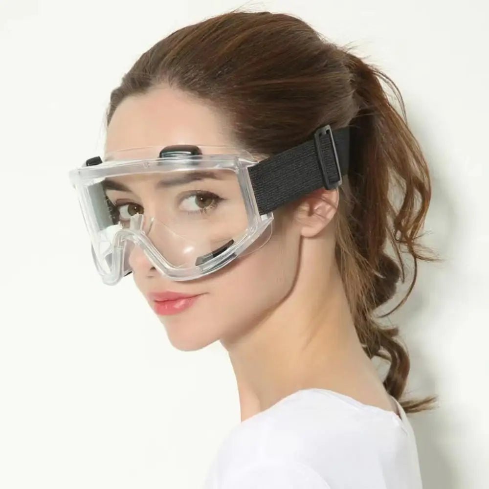 Clear safety antifog protective goggles by BACKUPMYFILESNOW.COM® with anti-splash, wind-proof lenses for industrial, lab, cycling, and riding.
