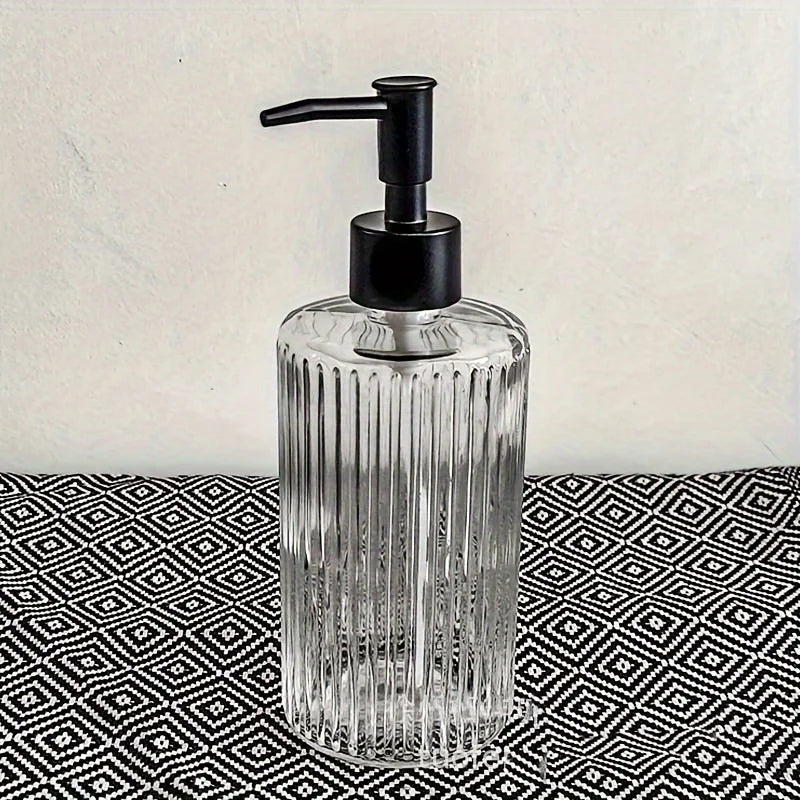 Clear 450ml portable hand sanitizer and liquid soap dispenser with pump for bathroom, travel, and body wash use.