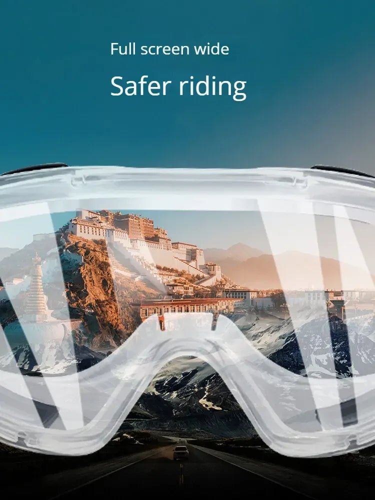 Clear fog-proof safety goggles by BACKUPMYFILESNOW.COM® with black frame, anti-splash, dust-proof lenses for lab, work, or riding safety.