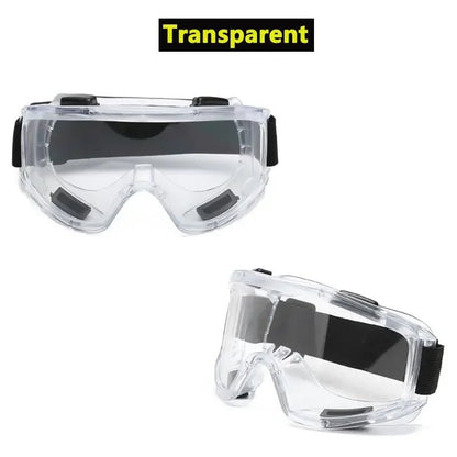 Clear fog-proof safety goggles with black frame, anti-splash dust-proof lenses, designed for lab work, research, and riding safety.