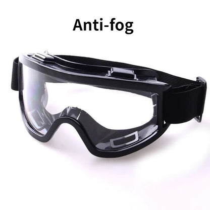 Clear fog-proof safety goggles with black frame, anti-splash and dust-proof design, suitable for lab work, research, and riding.