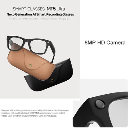 BackupMyFilesNow.com smart glasses with clear lenses, 800W camera, translation feature, leather charging box, and first-person perspective.