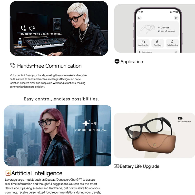 BackupMyFilesNow.com 2026 smart glasses with clear lenses, 800W camera, translation feature, leather charging box, and 2000mAh battery