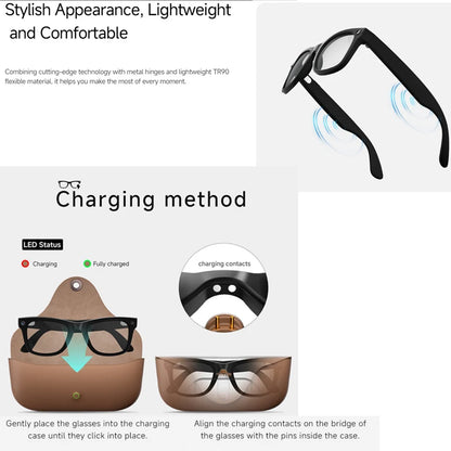 BackupMyFilesNow.com smart glasses with clear lenses, 800W camera, translation feature, leather charging box, and 2000mAh battery.