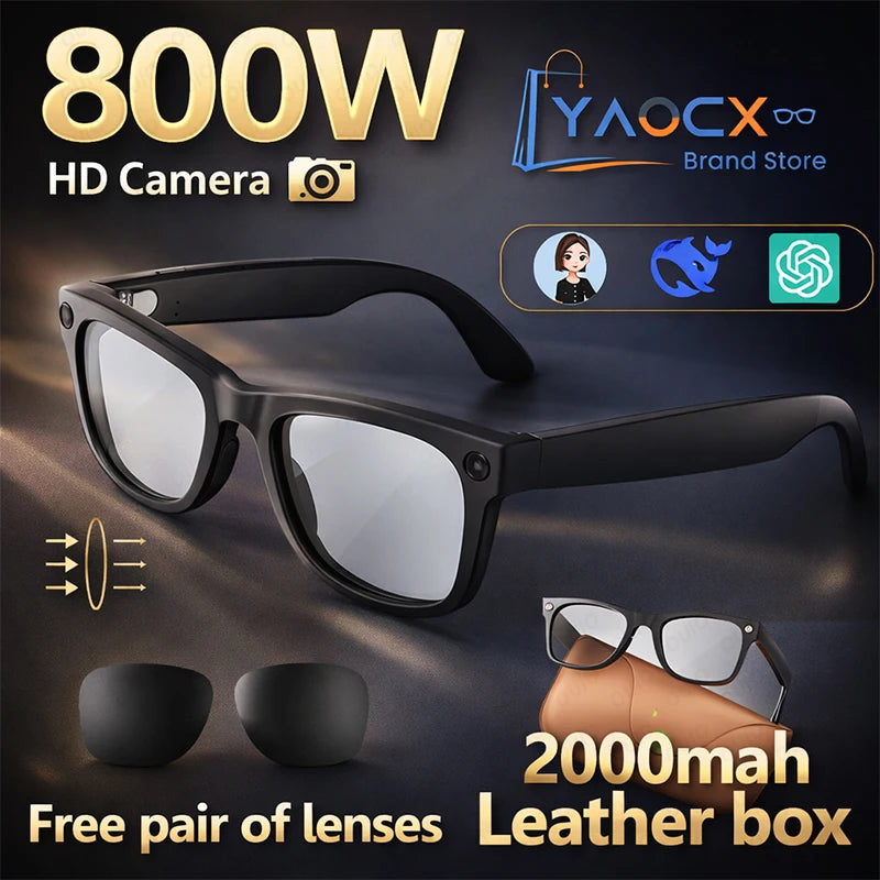 BackupMyFilesNow.com 2026 smart glasses with clear lenses, first-person view, 800W camera, translation feature, and leather charging box