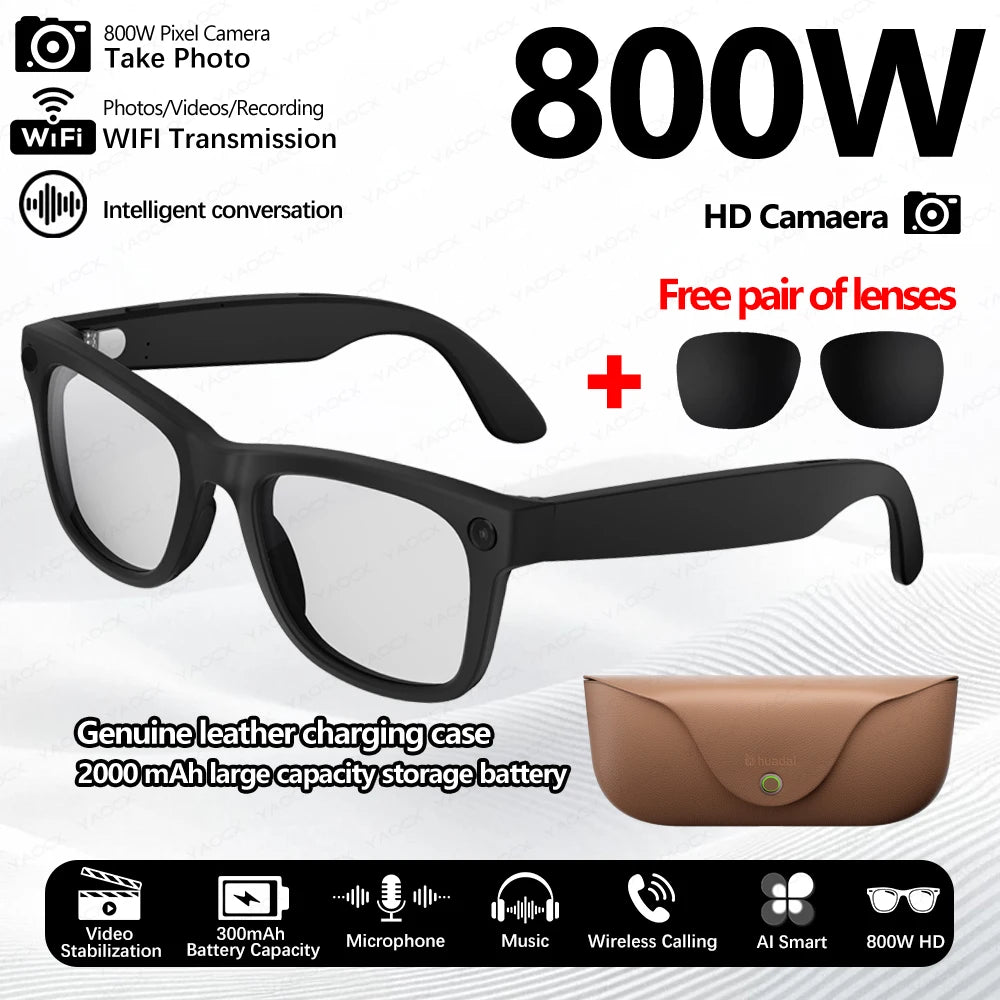 BackupMyFilesNow.com smart glasses with clear lenses, 800W shooting, translation, leather charging box, and 2000mAh battery.