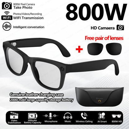 BackupMyFilesNow.com 2026 smart glasses with clear lenses, first-person view, 800W camera, translation, and leather charging box.