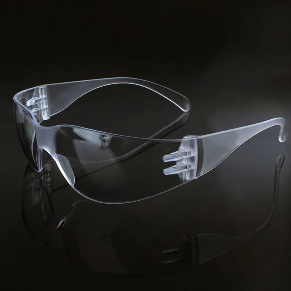 Clear safety goggles by BACKUPMYFILESNOW.COM® with ventilation, anti-fog and sand-proof protection for lab and industrial use.